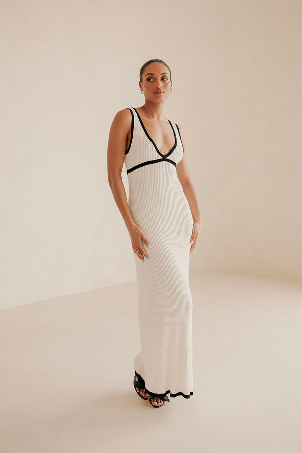 White Knit V Neck Maxi Paragon Dress
