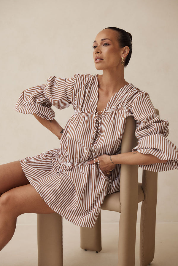 Naloo Long Sleeve Tie Mini Dress - Brown, White Stripe