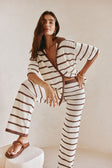 Mia Elasticated Pants - Cream, Brown stripe