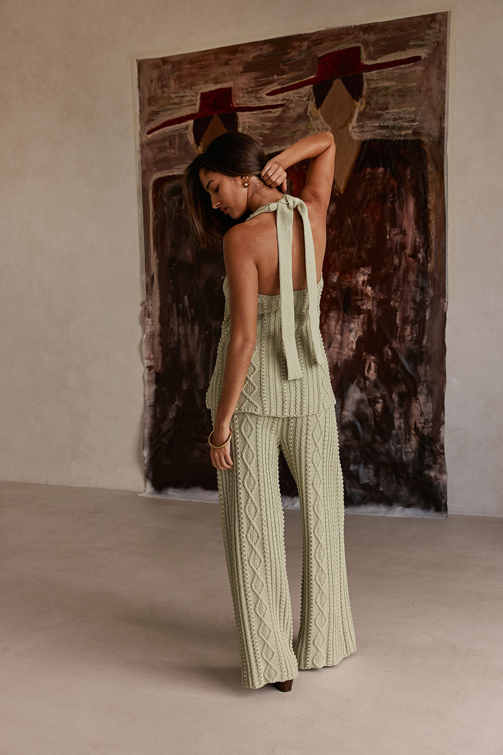 Green Cotton Knit High Waist Azari Pants