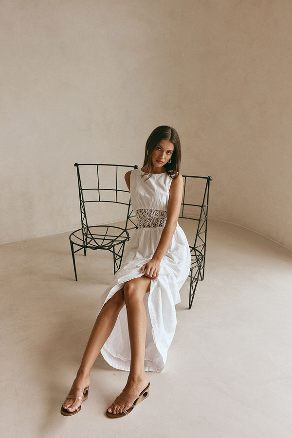 White Cotton Lace Gathered Maxi Cora Dress