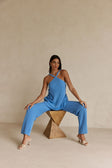 Blue Ribbed Knit High Waist May Pants