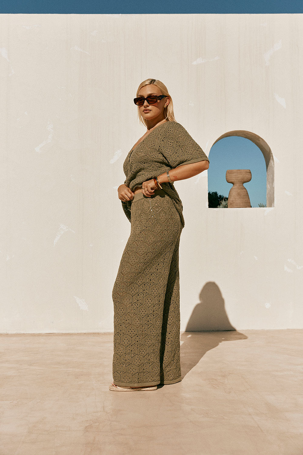 Khaki Green Crochet Knit High Waist Umiko Pants