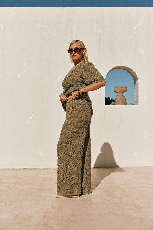 Khaki Green Crochet Knit High Waist Umiko Pants