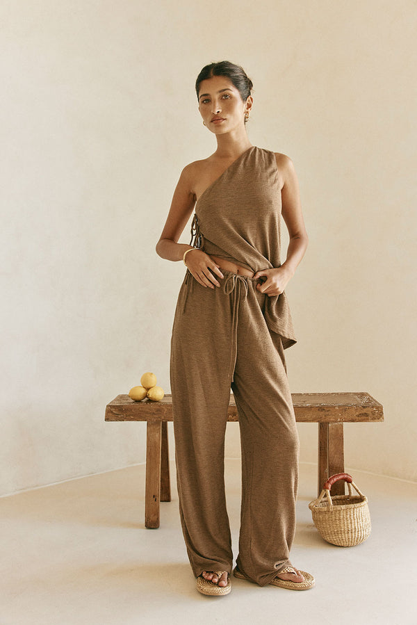 Chocolate Brown High Waist Elastic Drawstring Zen Pants