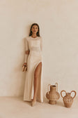 Beige Long Sleeve Slit Maxi Kay Dress 