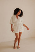 White V Neck Ruched Tie Mini Chiva Dress