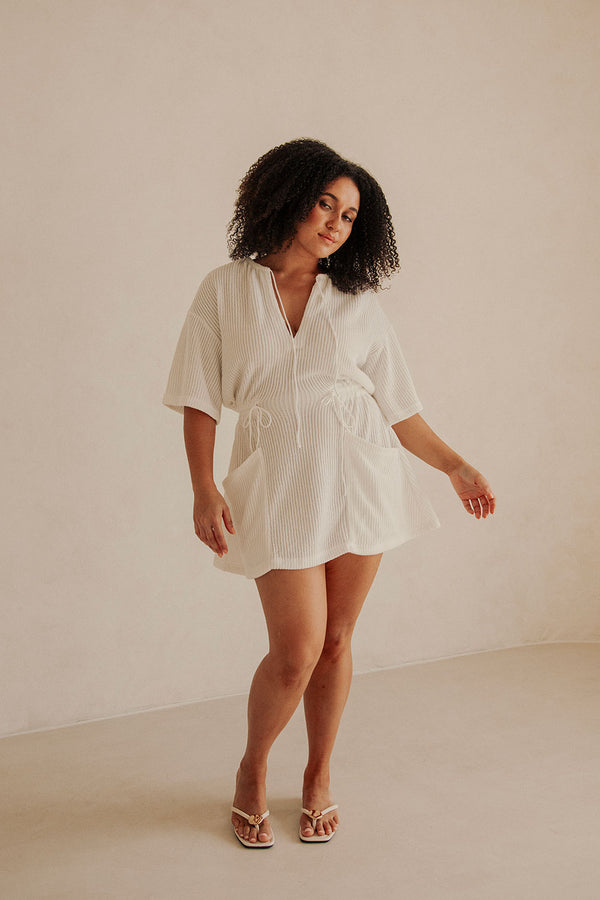 White V Neck Ruched Tie Mini Chiva Dress