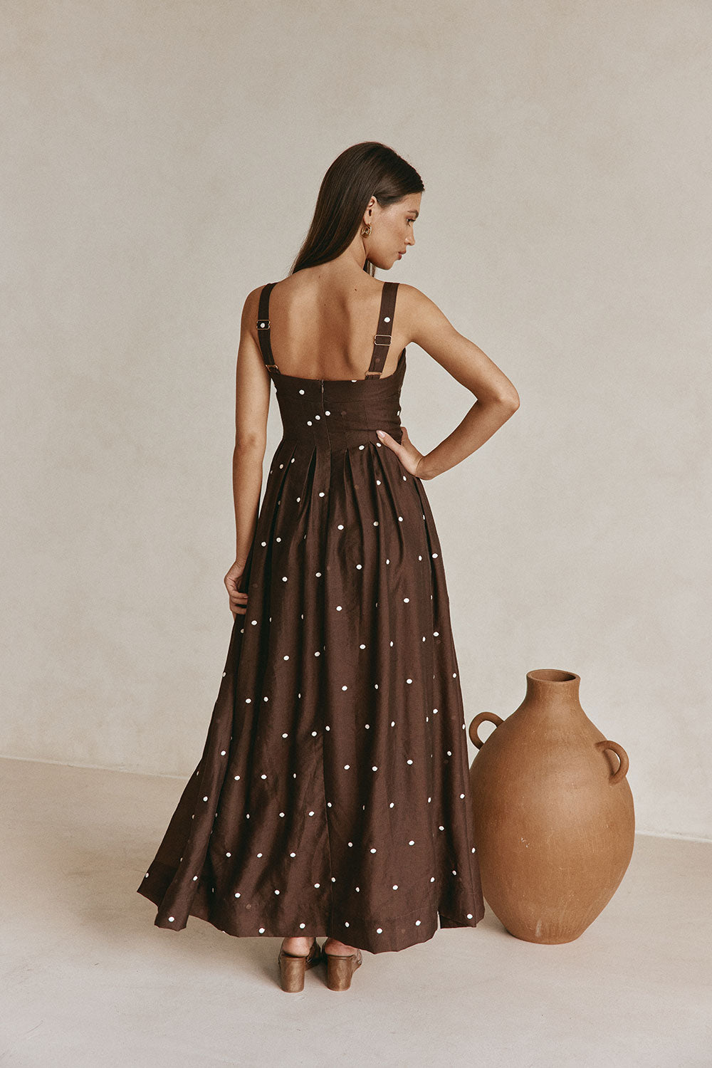 Chocolate Speck Polka Dot Pin Tuck Maxi Flores Dress