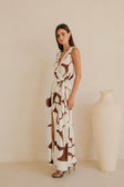 Madeira Split Wrap Maxi Dress - Brown, White Sunroom Chocolate Print