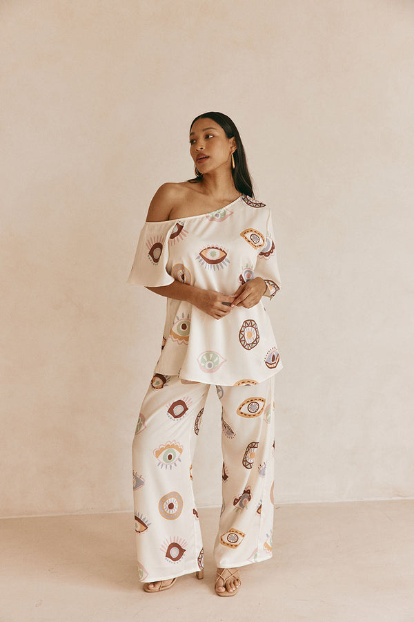 Cream Matia Print Elastic Drawstring Grace Pants