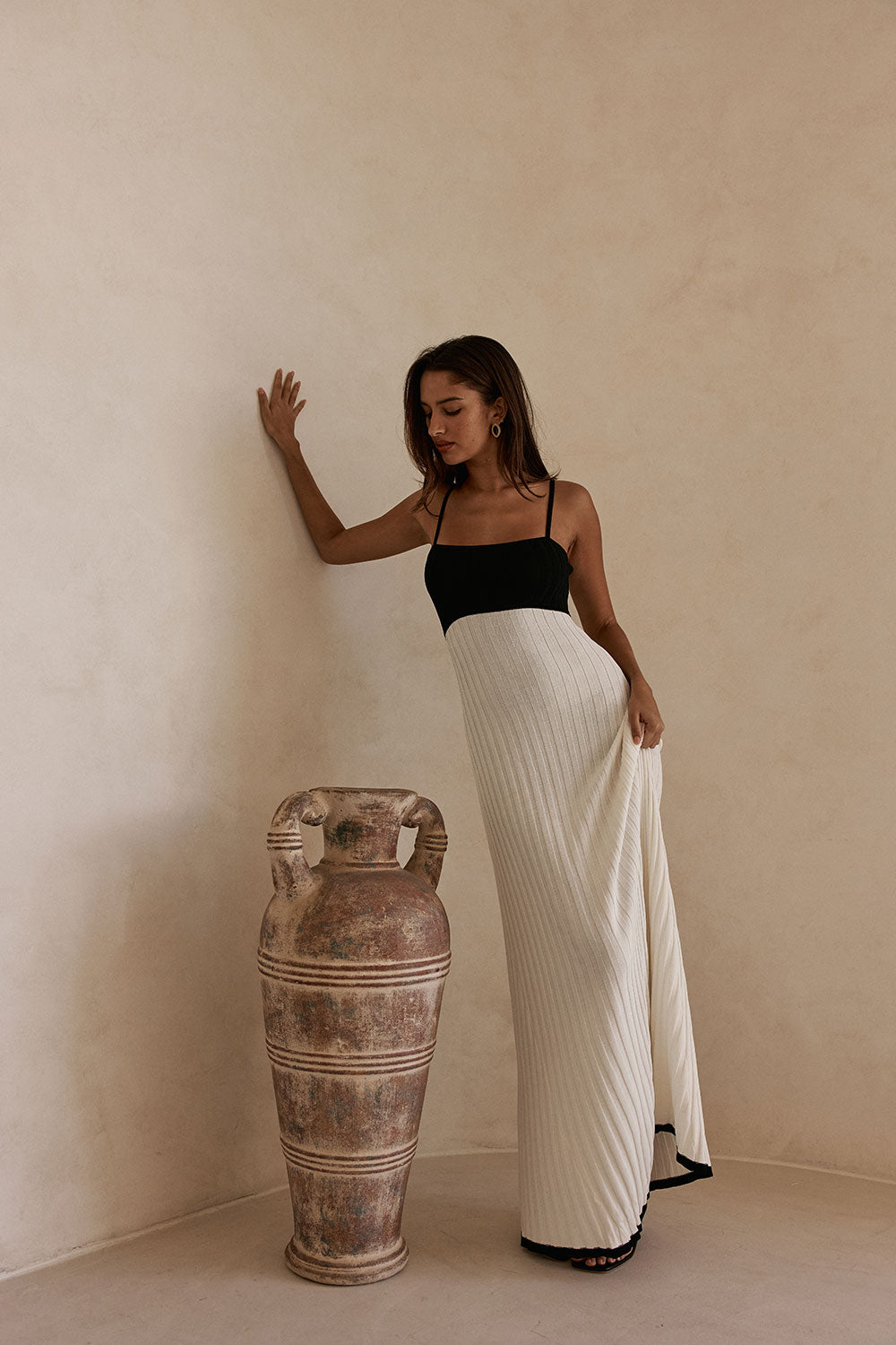 White Ribbed Knit Strappy Maxi Adley Dress