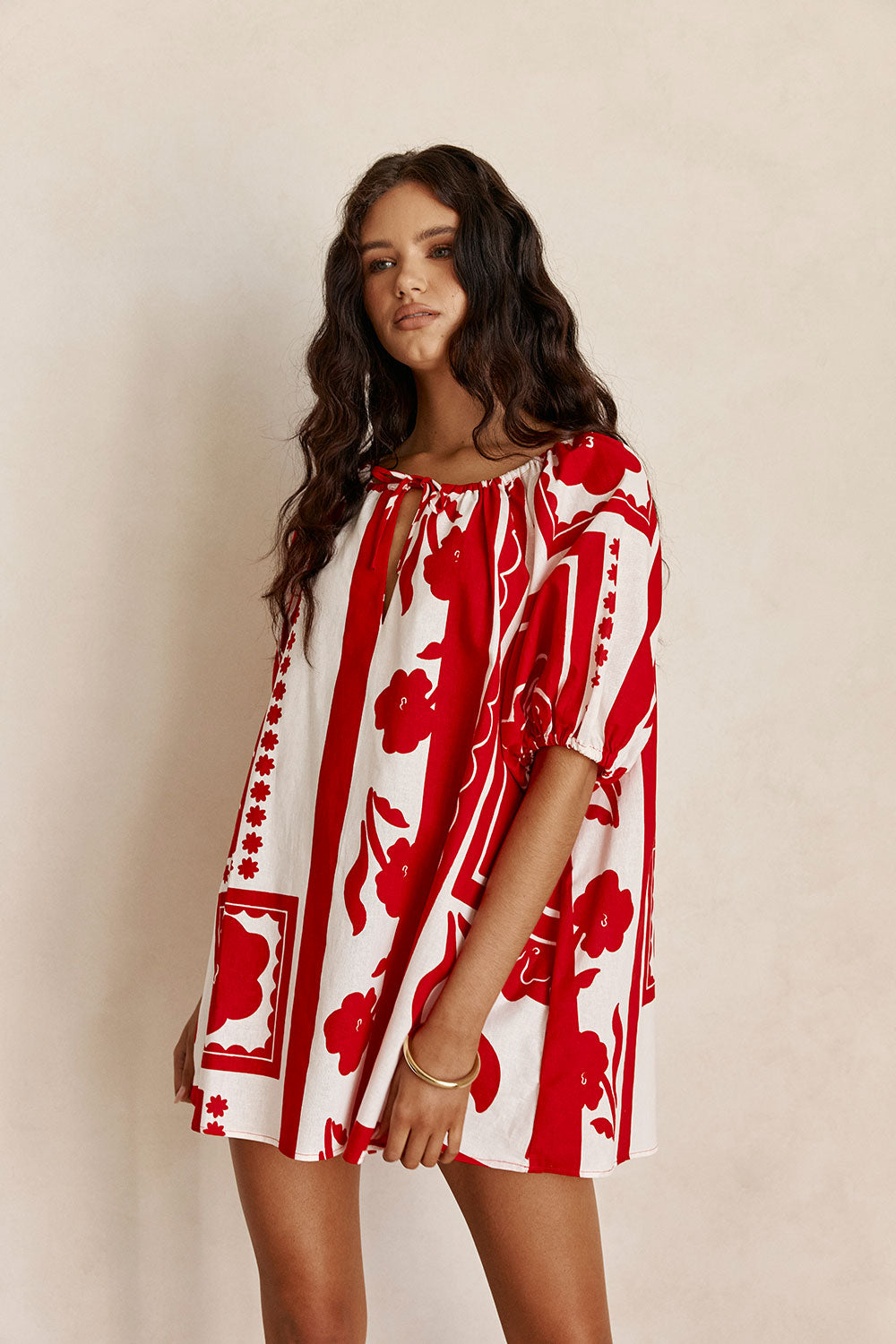 Red Voyage Print Drawstring Mini Kit Shirt Dress