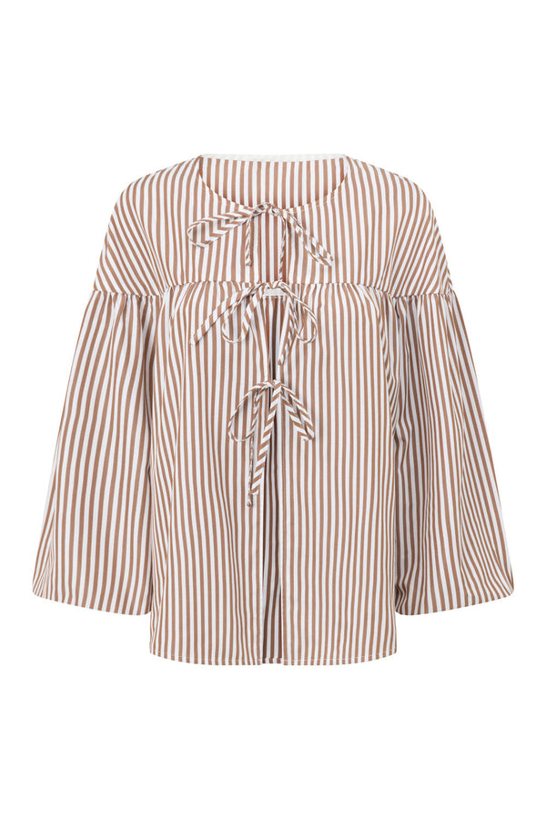 Pennie Long Sleeve Tie Top - Brown, White Stripe