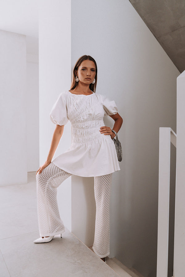 White Cotton Ruched Mini Lou Dress