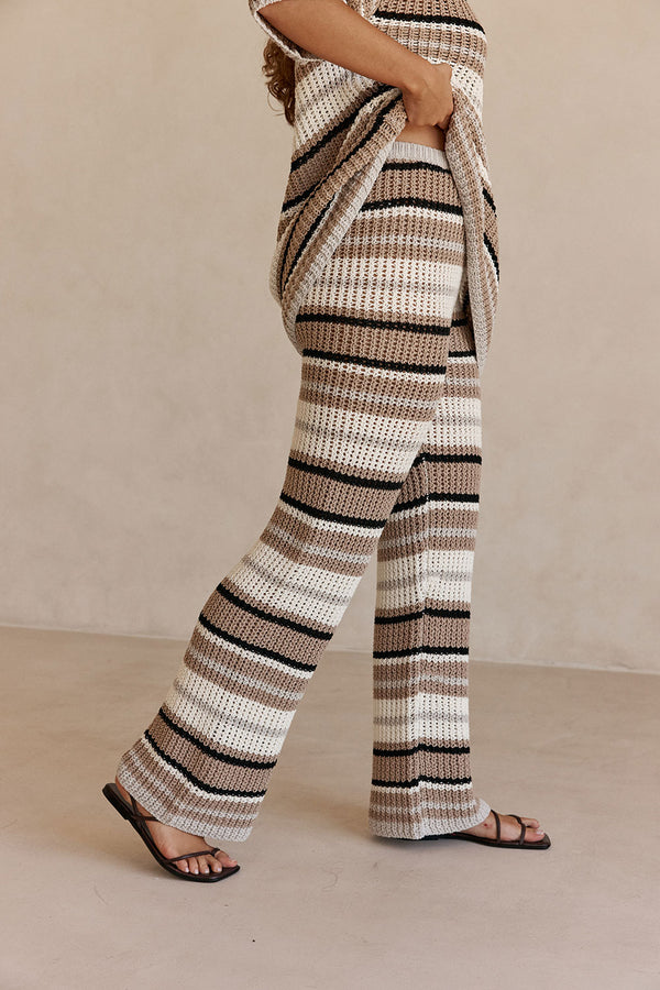 Tan and White Stripe Knit High Waist Java Pants