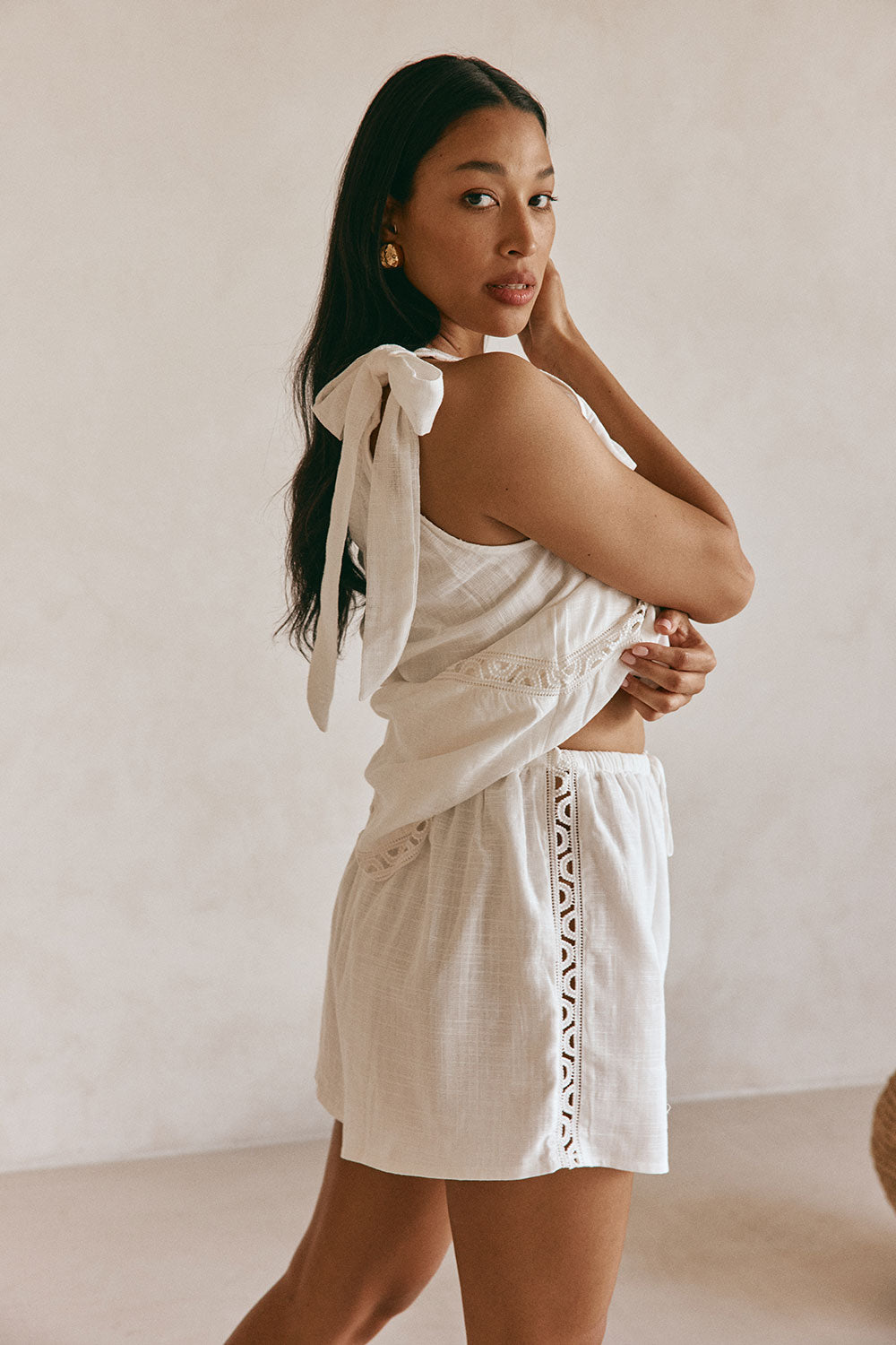 White Cotton Elastic Drawstring Stella Shorts