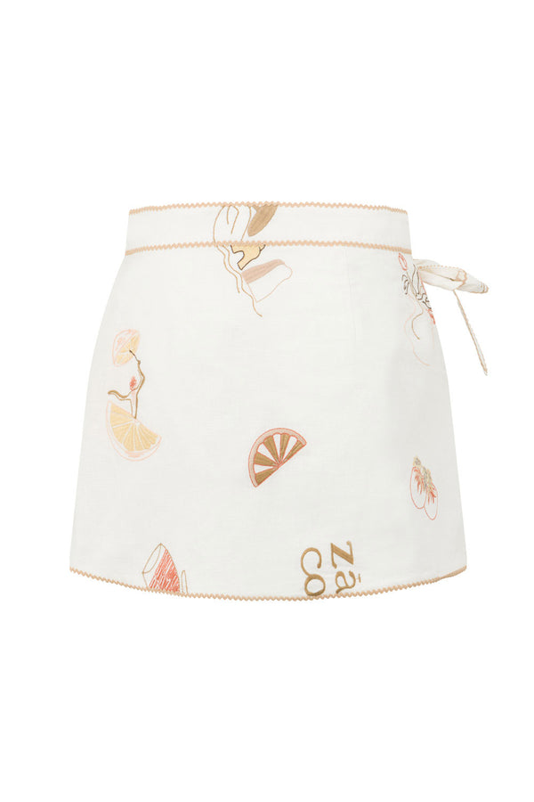La Costa Embroidered Wrap Mini Skirt - Serenita, White, Beige, Pink