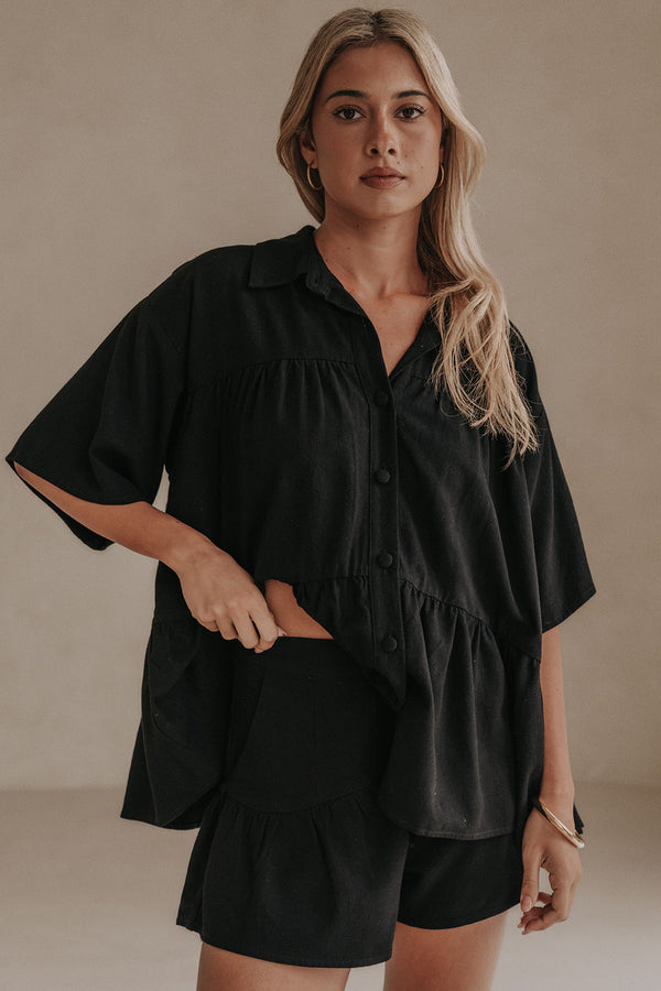 Black Short Sleeve Button Up Collar Luna Top