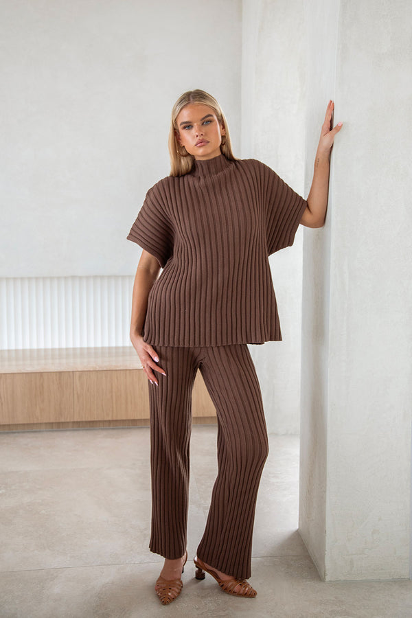 Chocolate Brown Ribbed Knit Short Sleeve Celine Top