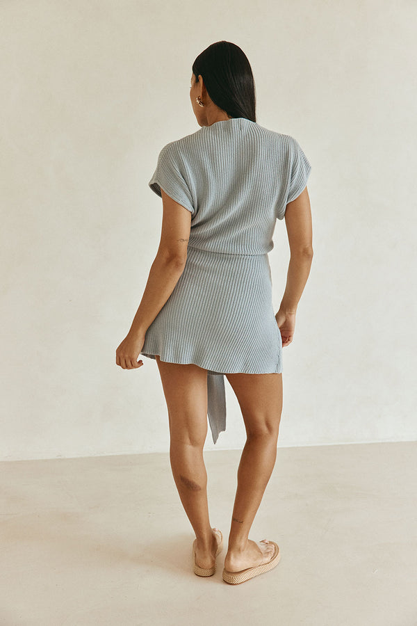 Blue Cotton Knit Draped Mini Lovina Dress