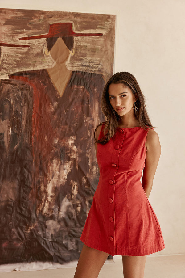 Cherry Red Button A Line Mini Graylee Dress