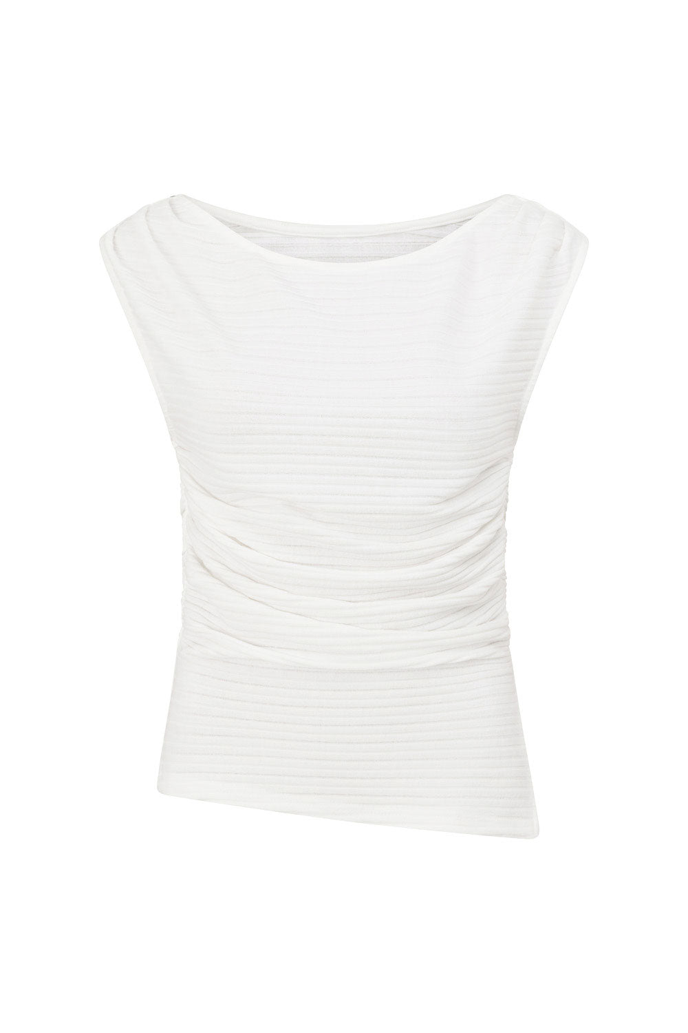 White Ribbed Boat Neck Ruched Detail Deni Top