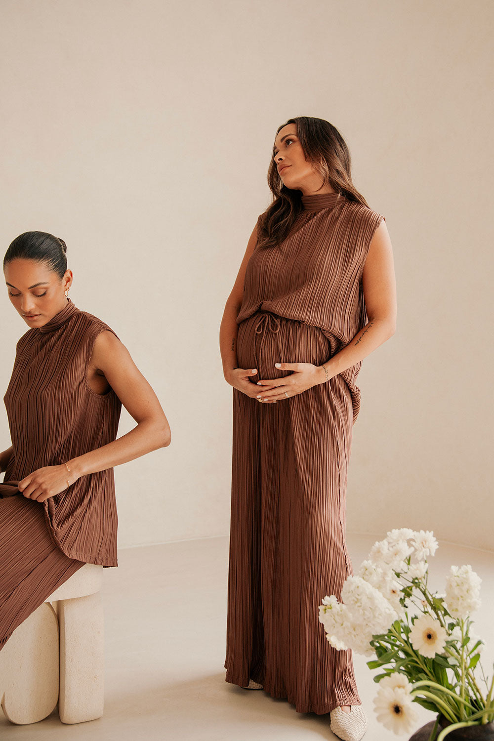 Brown Silky Pleat Drawstring Maxi Catalyna Skirt