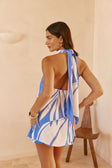 Palm Blue Print Backless Halter Mini Frances Dress