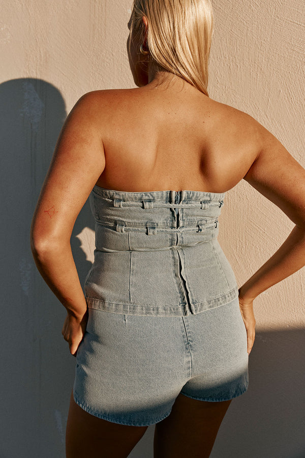 Blue Denim Strapless Tie Fiore Top