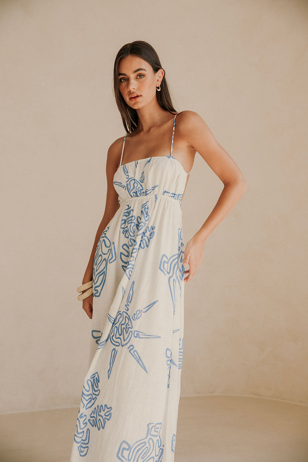 Catie Thin Strap Tropical Backless Maxi Dress - White, Blue Evoke Print