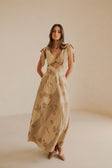 Maivie Tropical Cutout Tie Maxi Dress - Brown, Green Tawny Bloom Print