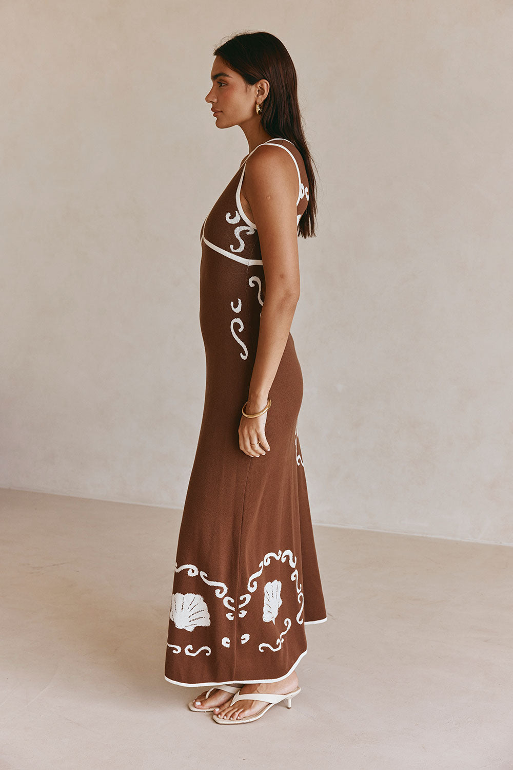 Emelia V Neckline Maxi Knit Dress - Brown, White