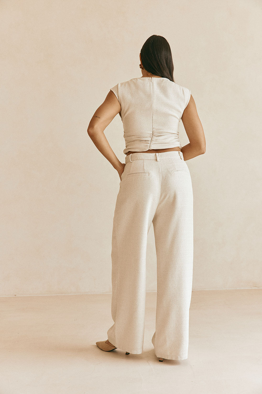 Beige Asymmetric Waist Straight Leg Azul Trouser Pants