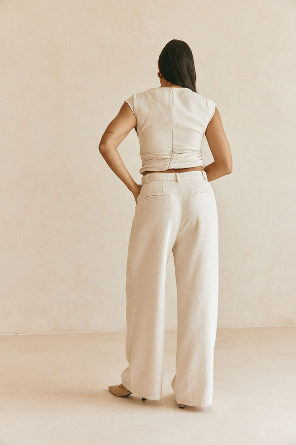 Beige Asymmetric Waist Straight Leg Azul Trouser Pants