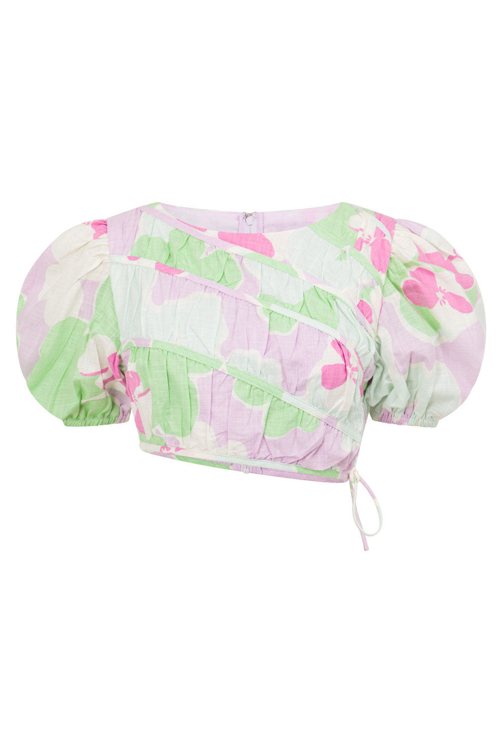 Elika Crop Puff Sleeves Top - Misty Floral Pink Purple Green