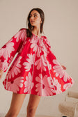 Veronica Flounce Long Sleeve Mini Dress - Pink White Daisy Red Print
