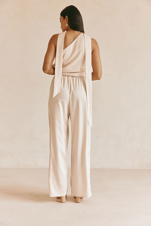 Beige Silky Elastic Drawstring Koda Pants