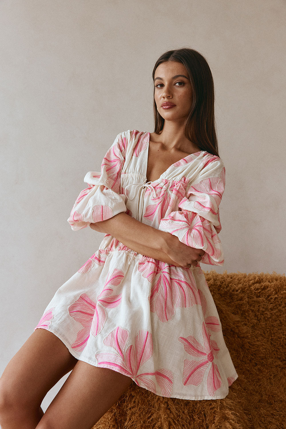 Pink Spring Floral Print Boxy Gathered Mini Naloo Dress