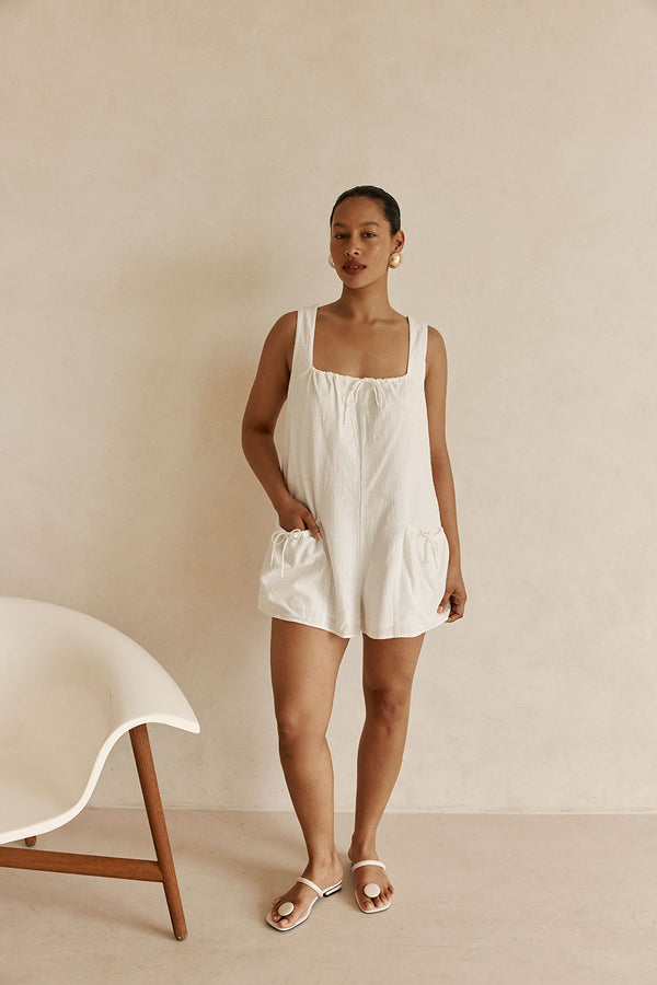 White Cotton Boxy Brita Playsuit