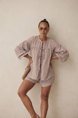Pennie Long Sleeve Tie Top - Brown, White Stripe