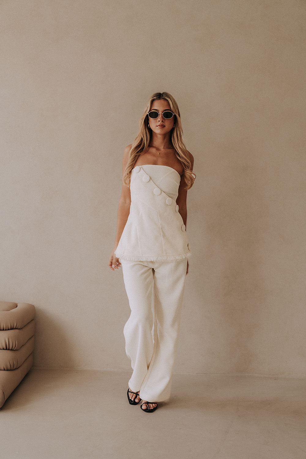 White Structured Strapless Button Salma Top