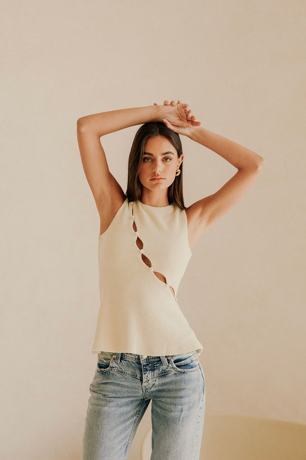 Cream Ribbed Cutout A-Line Bronte Top