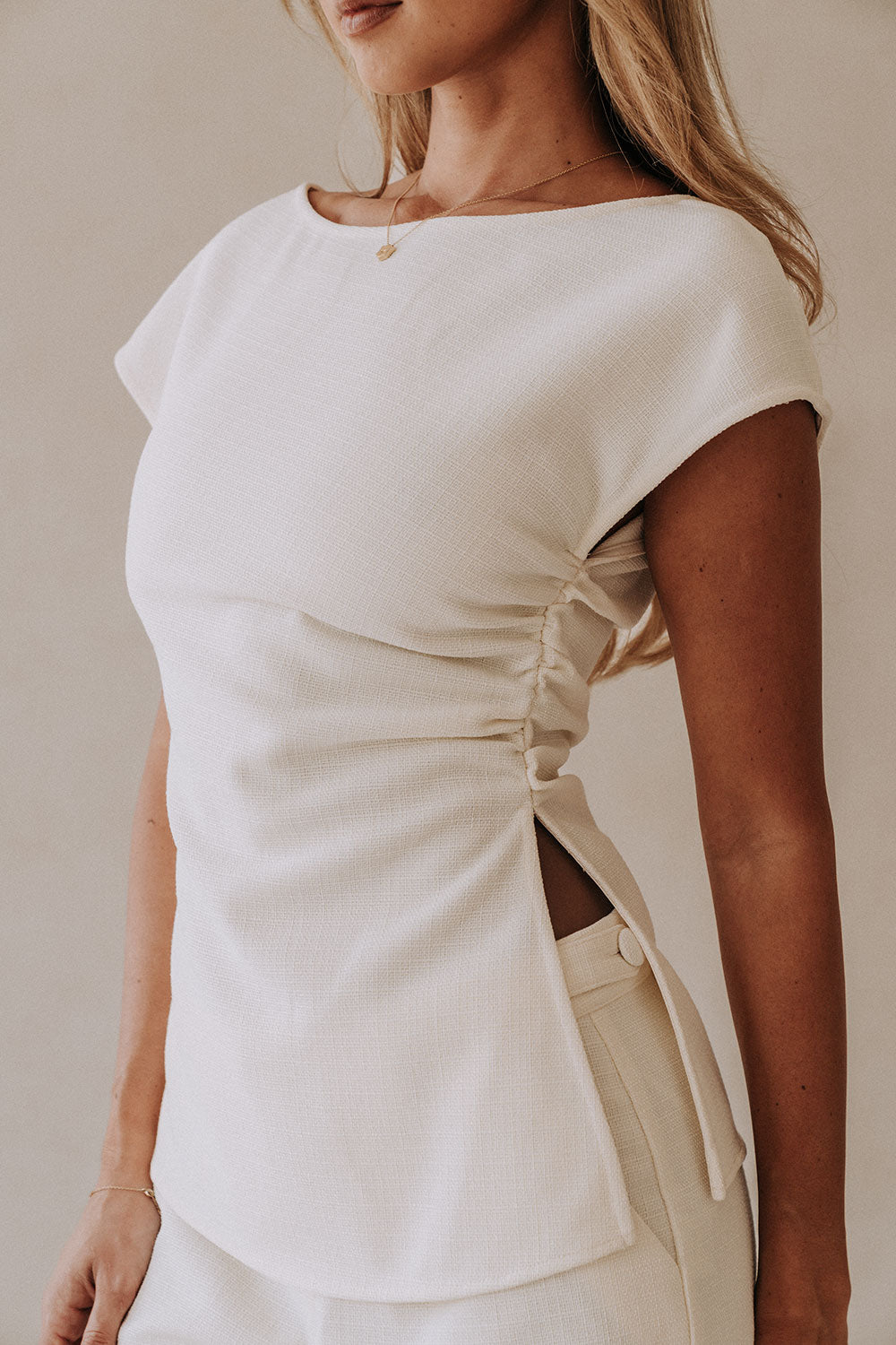 Cream Ruched Short Sleeve Zoya Top