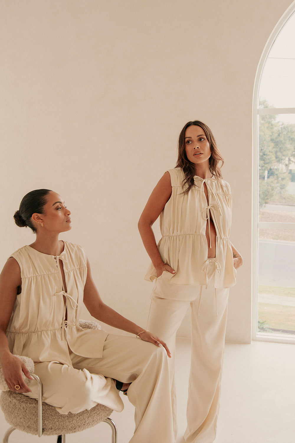 Beige Ruched Panelled Front Tie Juliette Top