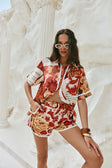 Red Floral Barocca Print Belt Bia Shorts