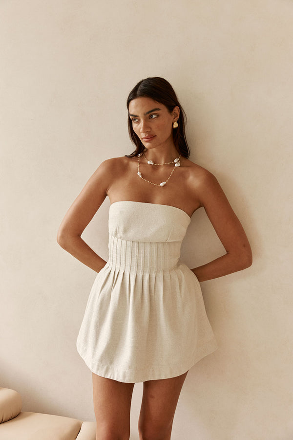 Beige Strapless Pin Tick Mini Tabi Dress