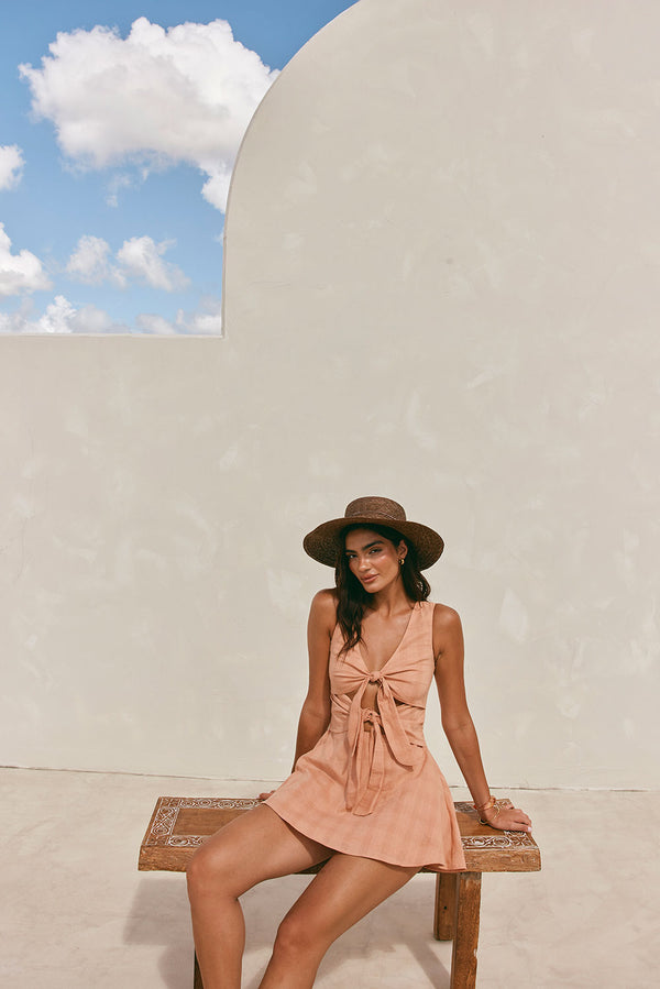 Salmon V Neck Cut Out Front Tie Mini Bailee Dress
