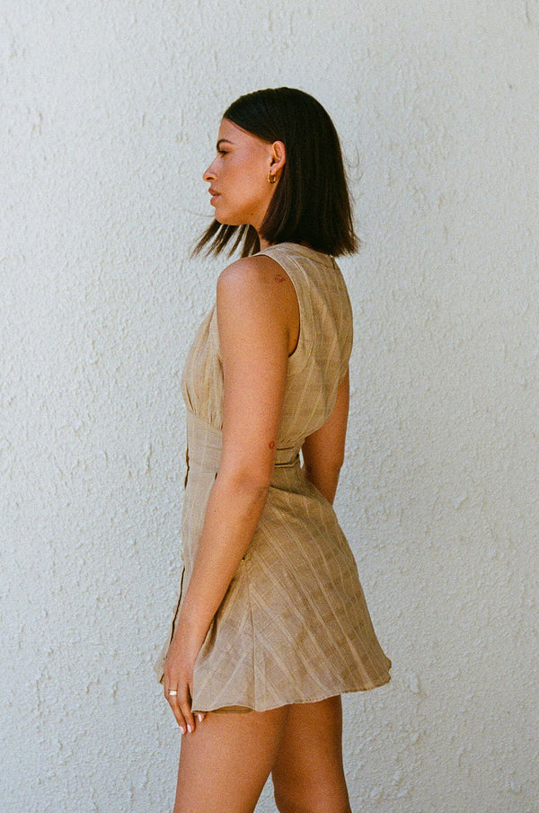 Brown Button Up Plunge V Neck Mini Shaelagh Dress