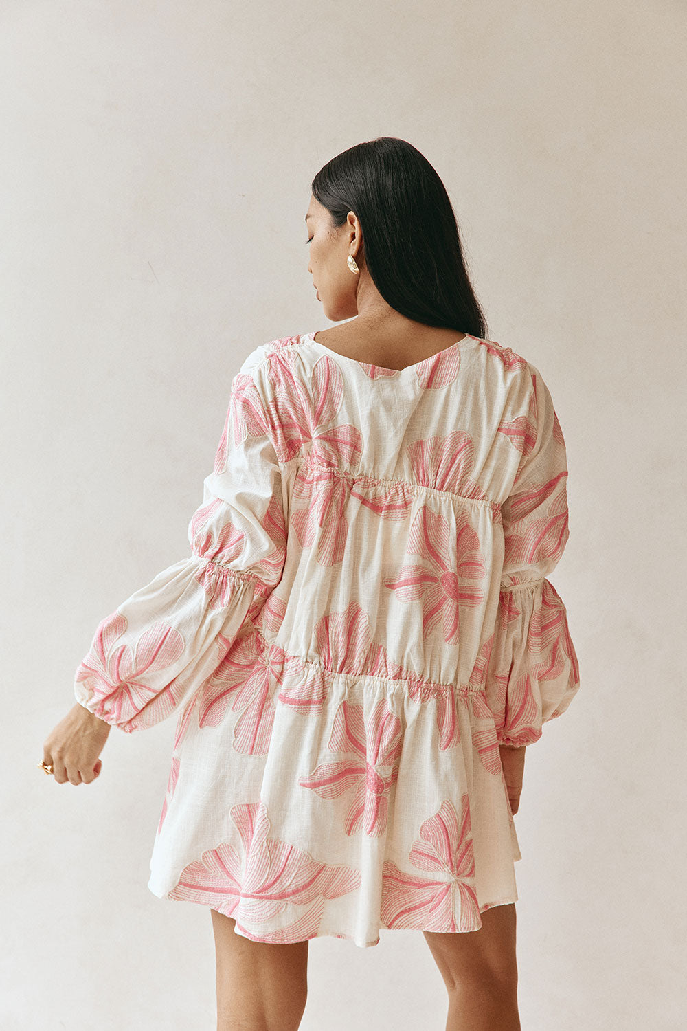 Pink Spring Floral Print Boxy Gathered Mini Naloo Dress